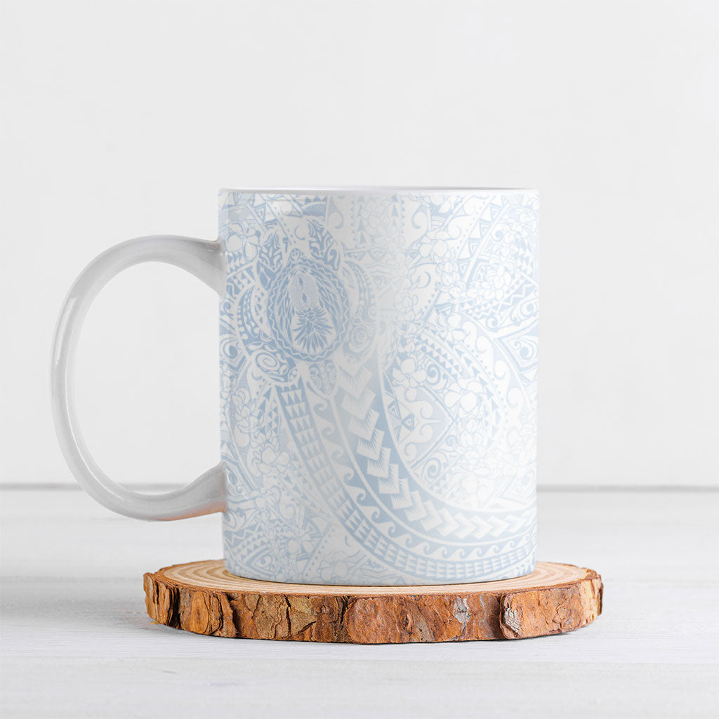 Hawaiian Turtles and Leis Ceramic Mug Tribal Kakau Pattern Airy White Blue Cloud Vibe