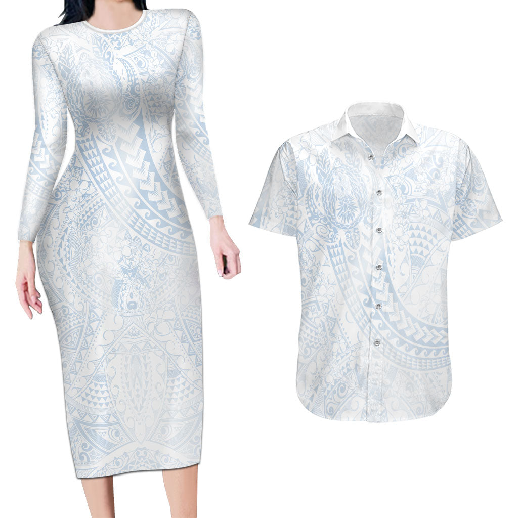 Hawaiian Turtles and Leis Couples Matching Long Sleeve Bodycon Dress and Hawaiian Shirt Tribal Kakau Pattern Airy White Blue Cloud Vibe