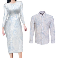 Hawaiian Turtles and Leis Couples Matching Long Sleeve Bodycon Dress and Long Sleeve Button Shirt Tribal Kakau Pattern Airy White Blue Cloud Vibe