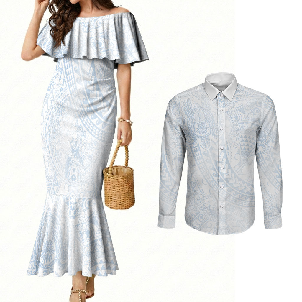 Hawaiian Turtles and Leis Couples Matching Mermaid Dress and Long Sleeve Button Shirt Tribal Kakau Pattern Airy White Blue Cloud Vibe LT03 White - Polynesian Pride