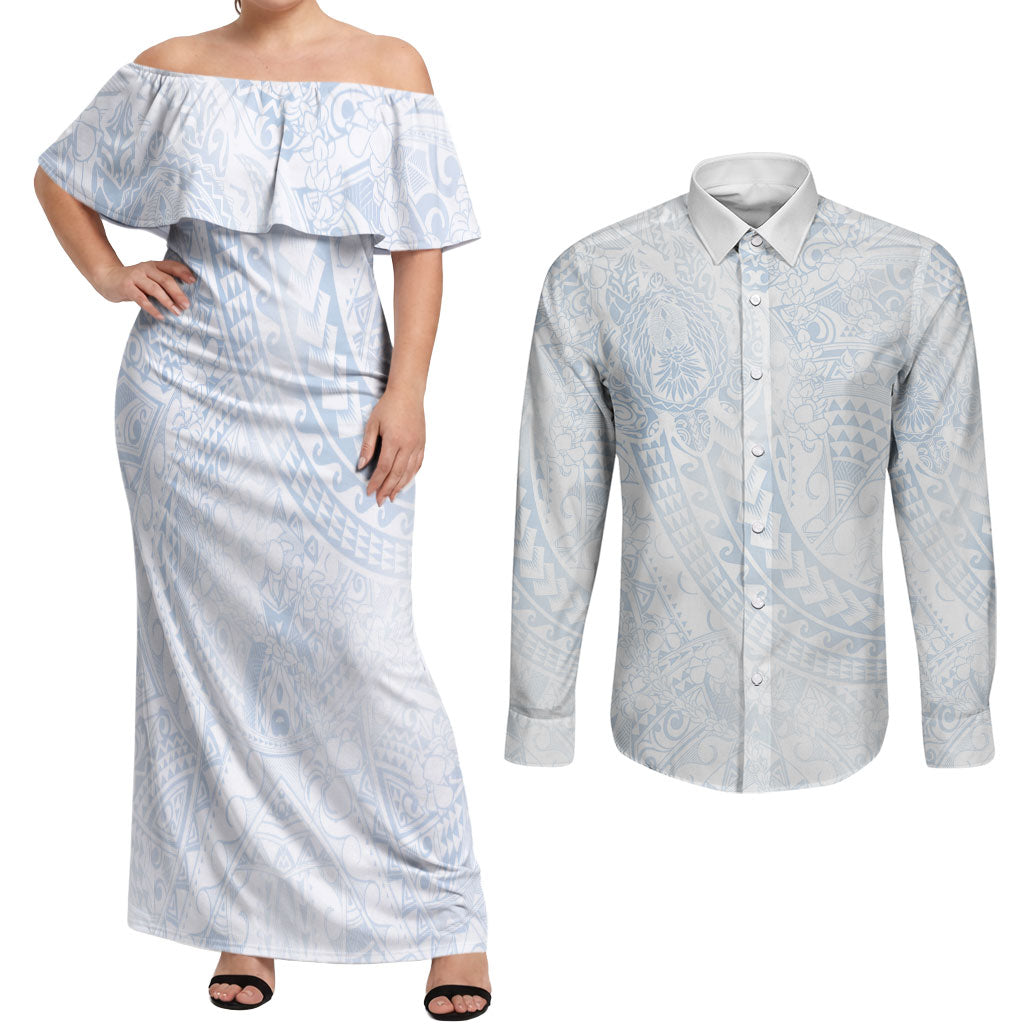 Hawaiian Turtles and Leis Couples Matching Off Shoulder Maxi Dress and Long Sleeve Button Shirt Tribal Kakau Pattern Airy White Blue Cloud Vibe LT03 White - Polynesian Pride