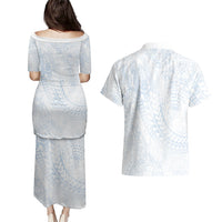Hawaiian Turtles and Leis Couples Matching Puletasi and Hawaiian Shirt Tribal Kakau Pattern Airy White Blue Cloud Vibe