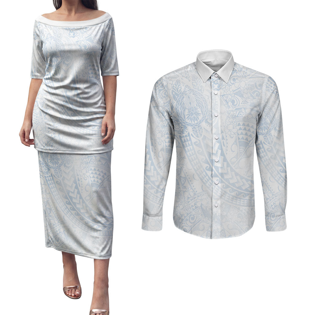 Hawaiian Turtles and Leis Couples Matching Puletasi and Long Sleeve Button Shirt Tribal Kakau Pattern Airy White Blue Cloud Vibe LT03 White - Polynesian Pride