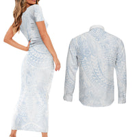 Hawaiian Turtles and Leis Couples Matching Short Sleeve Bodycon Dress and Long Sleeve Button Shirt Tribal Kakau Pattern Airy White Blue Cloud Vibe
