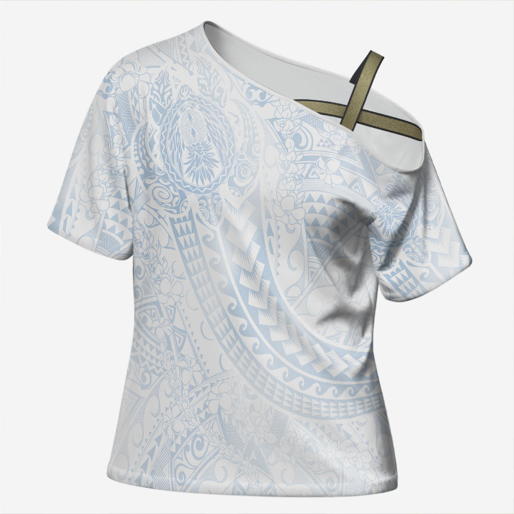 Hawaiian Turtles and Leis Cross Shoulder Shirt Tribal Kakau Pattern Airy White Blue Cloud Vibe LT03 Female White - Polynesian Pride