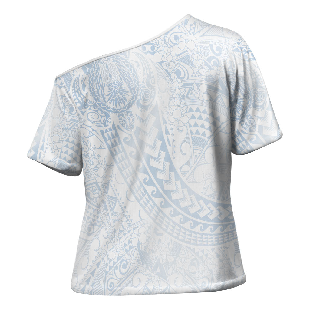 Hawaiian Turtles and Leis Cross Shoulder Shirt Tribal Kakau Pattern Airy White Blue Cloud Vibe