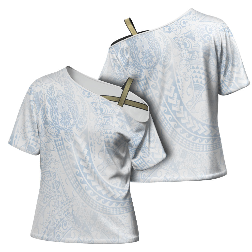 Hawaiian Turtles and Leis Cross Shoulder Shirt Tribal Kakau Pattern Airy White Blue Cloud Vibe