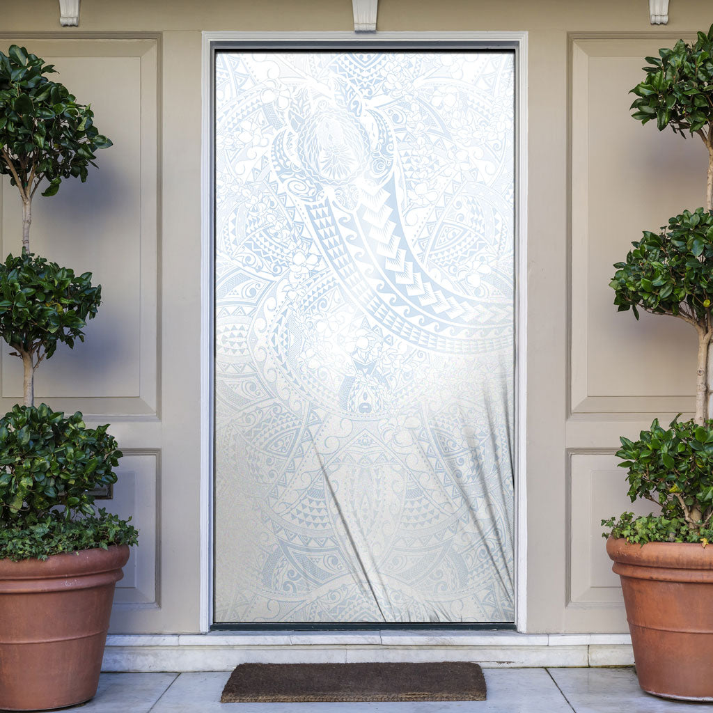 Hawaiian Turtles and Leis Door Cover Tribal Kakau Pattern Airy White Blue Cloud Vibe LT03 White - Polynesian Pride