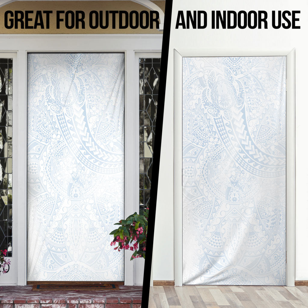 Hawaiian Turtles and Leis Door Cover Tribal Kakau Pattern Airy White Blue Cloud Vibe