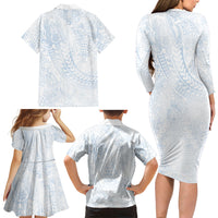 Hawaiian Turtles and Leis Family Matching Long Sleeve Bodycon Dress and Hawaiian Shirt Tribal Kakau Pattern Airy White Blue Cloud Vibe