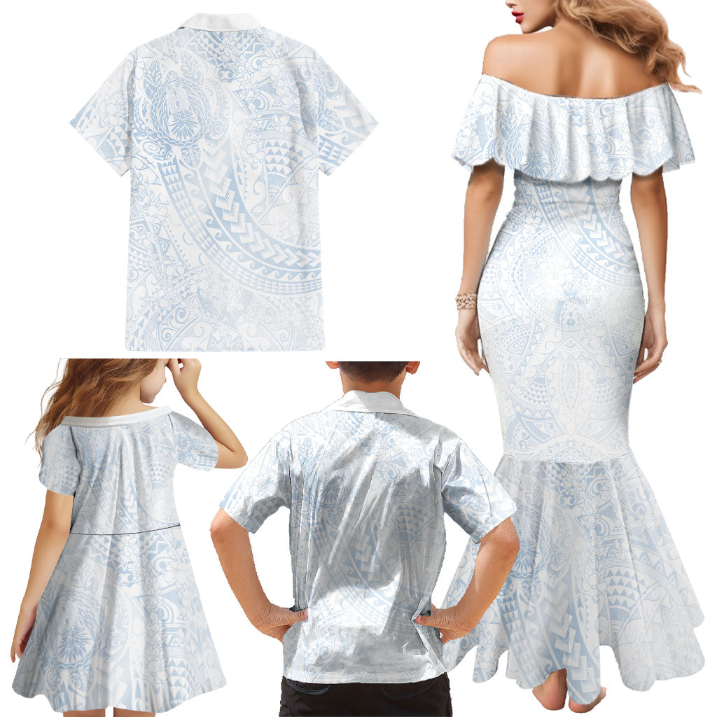 Hawaiian Turtles and Leis Family Matching Mermaid Dress and Hawaiian Shirt Tribal Kakau Pattern Airy White Blue Cloud Vibe