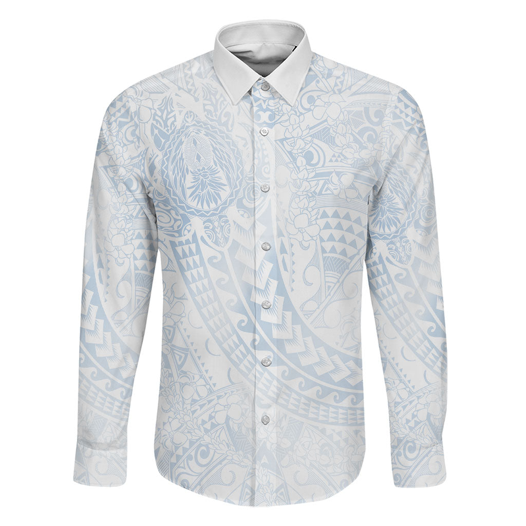 Hawaiian Turtles and Leis Family Matching Off The Shoulder Long Sleeve Dress and Hawaiian Shirt Tribal Kakau Pattern Airy White Blue Cloud Vibe