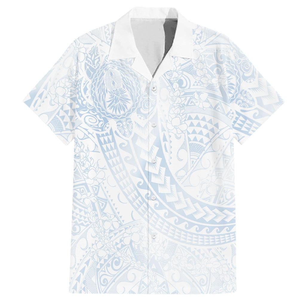 Hawaiian Turtles and Leis Family Matching Off Shoulder Maxi Dress and Hawaiian Shirt Tribal Kakau Pattern Airy White Blue Cloud Vibe