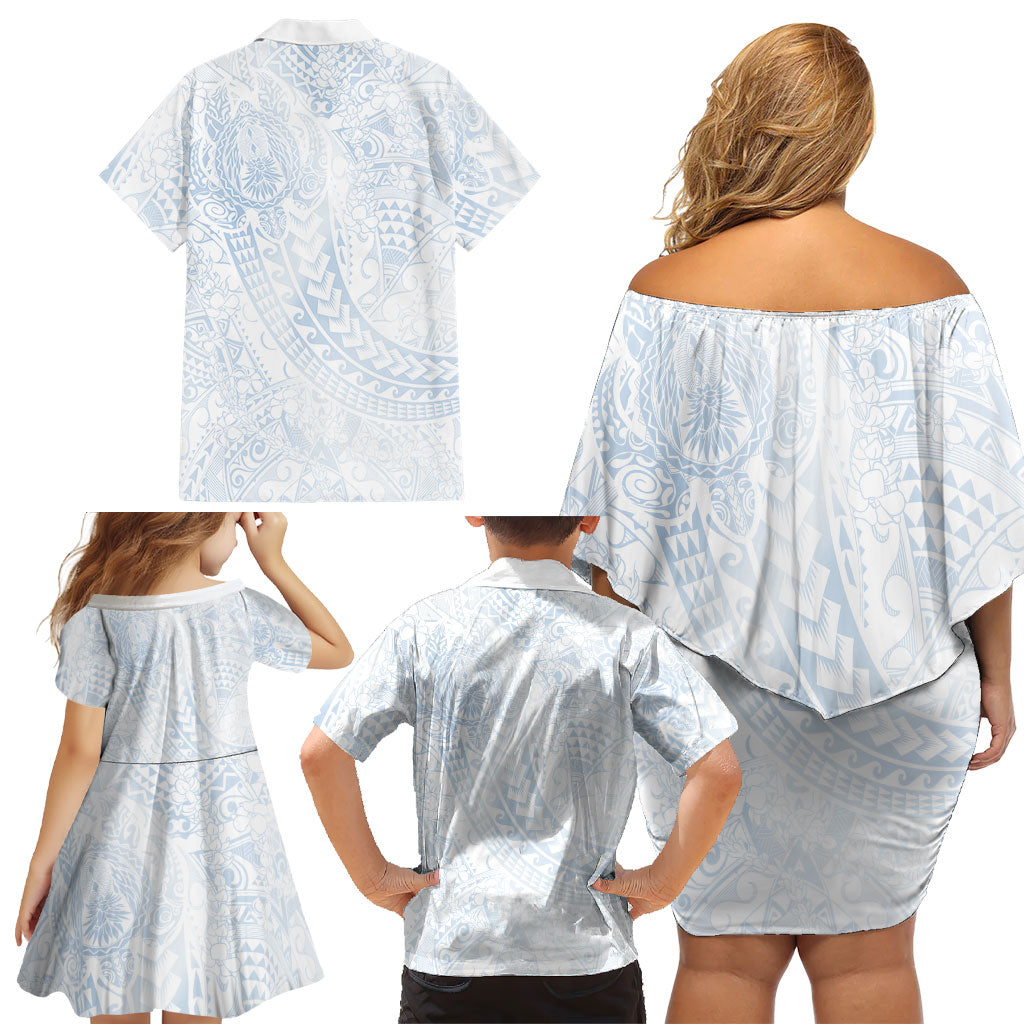 Hawaiian Turtles and Leis Family Matching Off Shoulder Short Dress and Hawaiian Shirt Tribal Kakau Pattern Airy White Blue Cloud Vibe