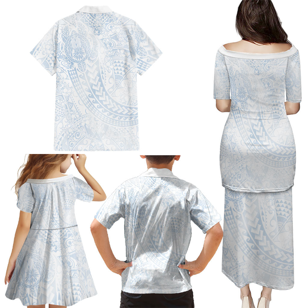 Hawaiian Turtles and Leis Family Matching Puletasi and Hawaiian Shirt Tribal Kakau Pattern Airy White Blue Cloud Vibe