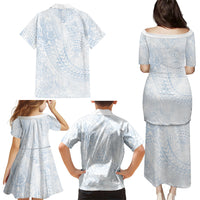 Hawaiian Turtles and Leis Family Matching Puletasi and Hawaiian Shirt Tribal Kakau Pattern Airy White Blue Cloud Vibe