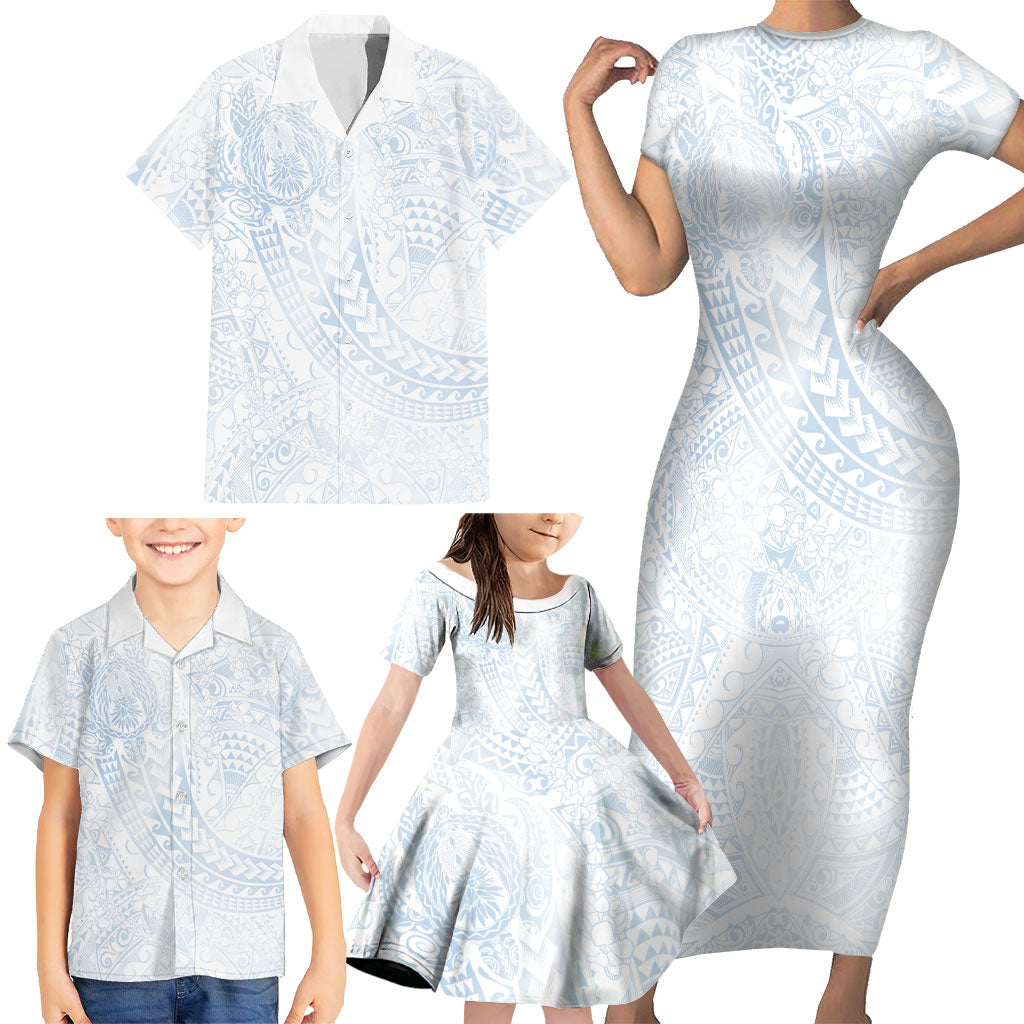 Hawaiian Turtles and Leis Family Matching Short Sleeve Bodycon Dress and Hawaiian Shirt Tribal Kakau Pattern Airy White Blue Cloud Vibe
