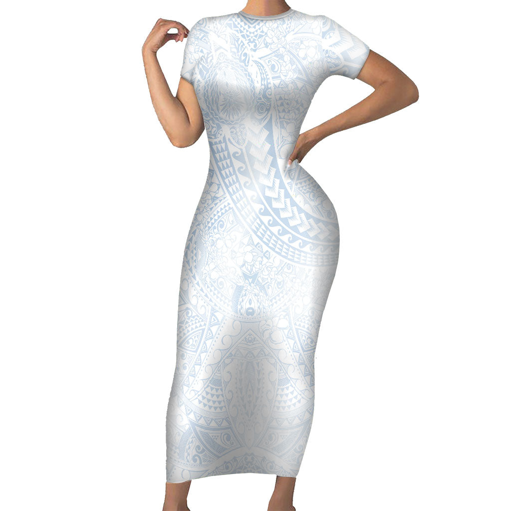 Hawaiian Turtles and Leis Family Matching Short Sleeve Bodycon Dress and Hawaiian Shirt Tribal Kakau Pattern Airy White Blue Cloud Vibe