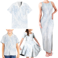 Hawaiian Turtles and Leis Family Matching Tank Maxi Dress and Hawaiian Shirt Tribal Kakau Pattern Airy White Blue Cloud Vibe