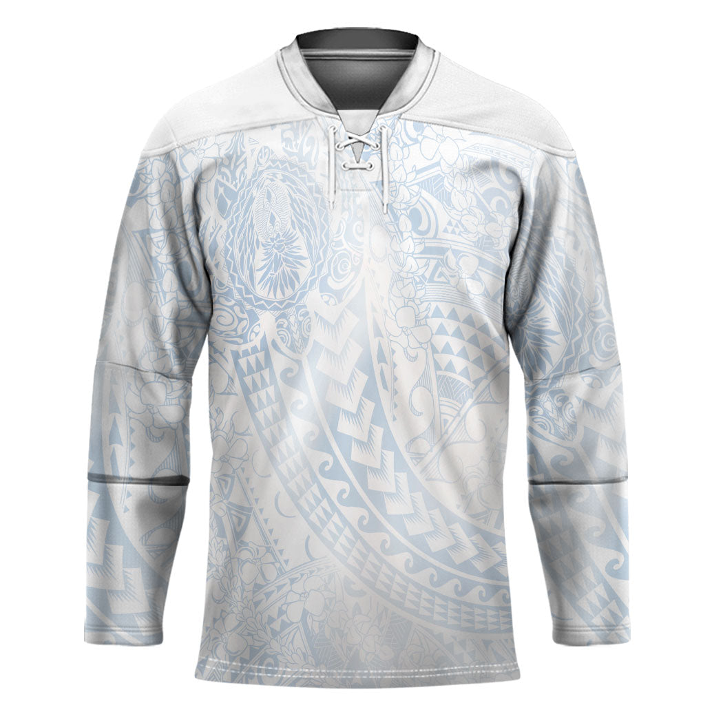 Hawaiian Turtles and Leis Hockey Jersey Tribal Kakau Pattern Airy White Blue Cloud Vibe LT03 Unisex White - Polynesian Pride