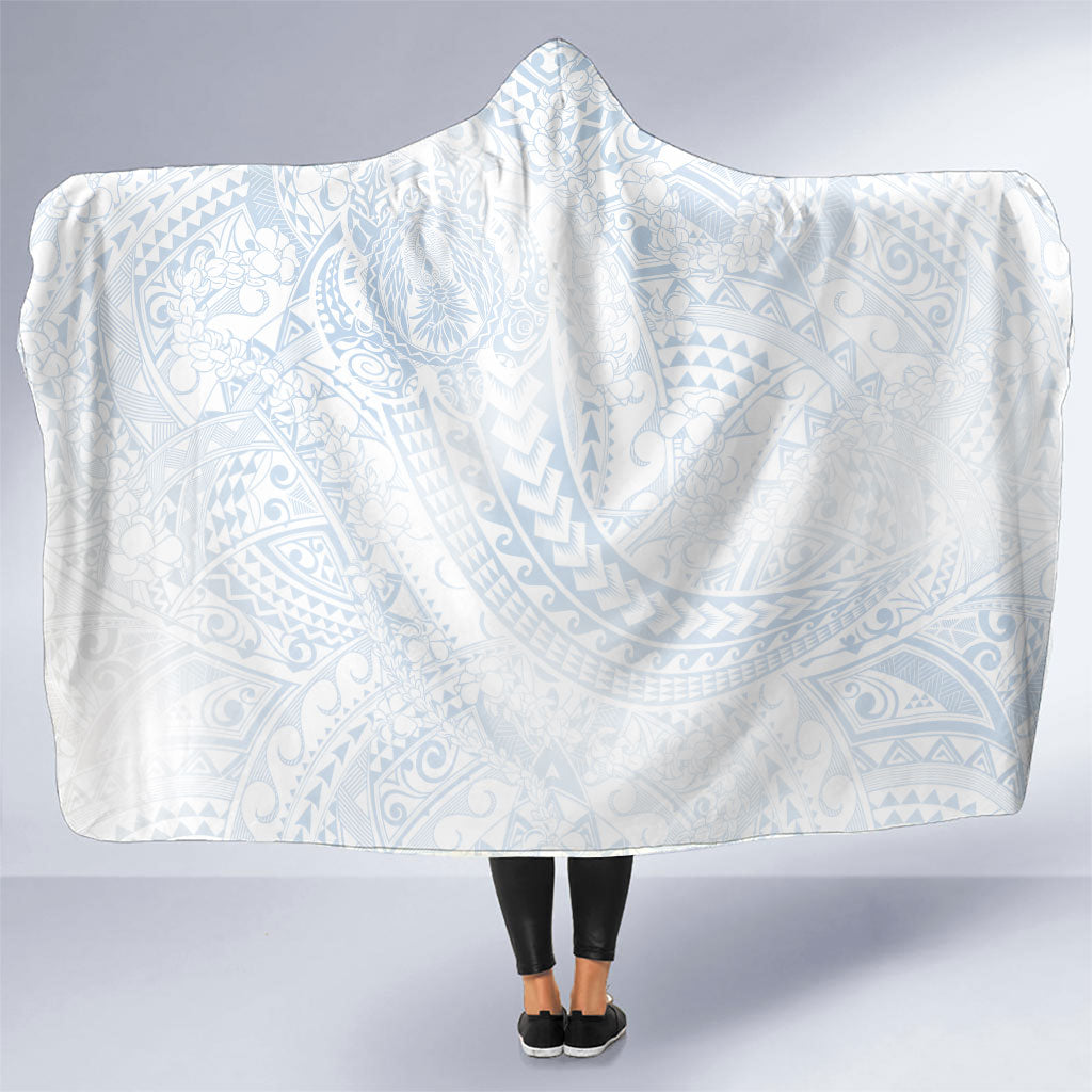 Hawaiian Turtles and Leis Hooded Blanket Tribal Kakau Pattern Airy White Blue Cloud Vibe LT03 One Size White - Polynesian Pride