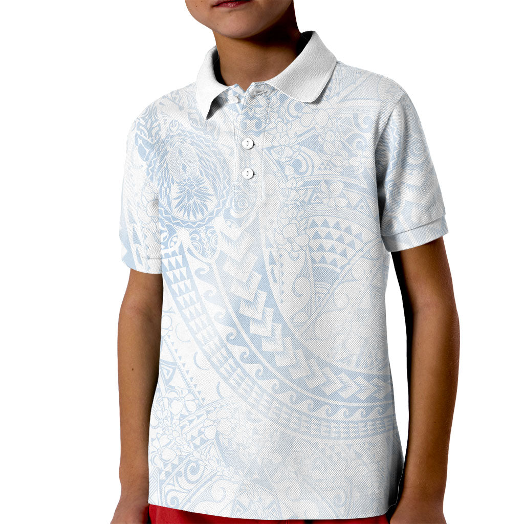 Hawaiian Turtles and Leis Kid Polo Shirt Tribal Kakau Pattern Airy White Blue Cloud Vibe LT03 Kid White - Polynesian Pride