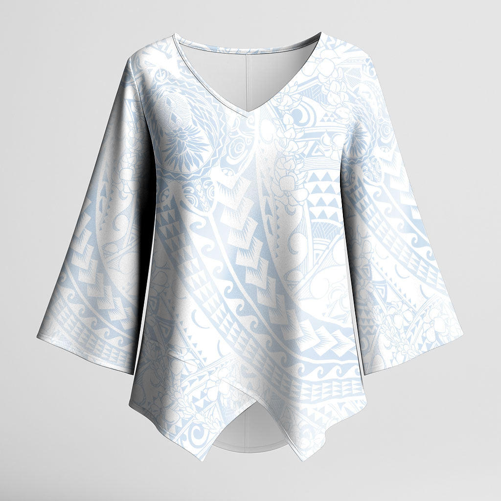 Hawaiian Turtles and Leis Kimono Sleeve Blouse Tribal Kakau Pattern Airy White Blue Cloud Vibe LT03 Female White - Polynesian Pride