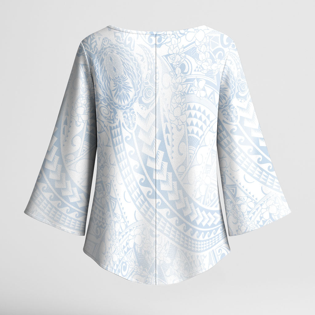 Hawaiian Turtles and Leis Kimono Sleeve Blouse Tribal Kakau Pattern Airy White Blue Cloud Vibe