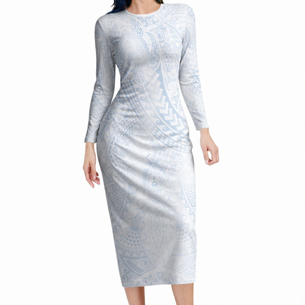 Hawaiian Turtles and Leis Long Sleeve Bodycon Dress Tribal Kakau Pattern Airy White Blue Cloud Vibe LT03 Long Dress White - Polynesian Pride