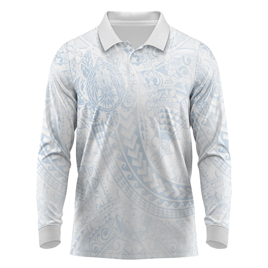 Hawaiian Turtles and Leis Long Sleeve Polo Shirt Tribal Kakau Pattern Airy White Blue Cloud Vibe LT03 White - Polynesian Pride