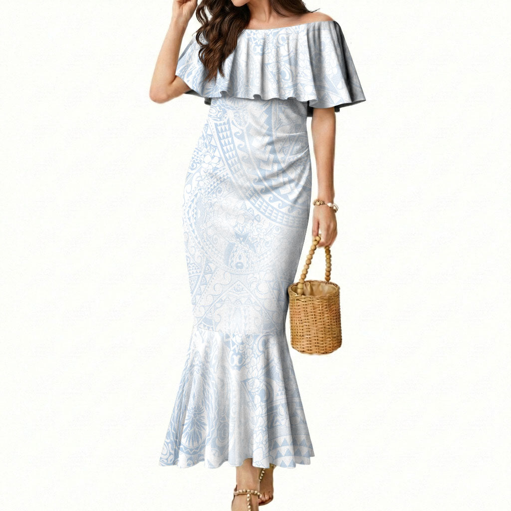 Hawaiian Turtles and Leis Mermaid Dress Tribal Kakau Pattern Airy White Blue Cloud Vibe LT03 Women White - Polynesian Pride