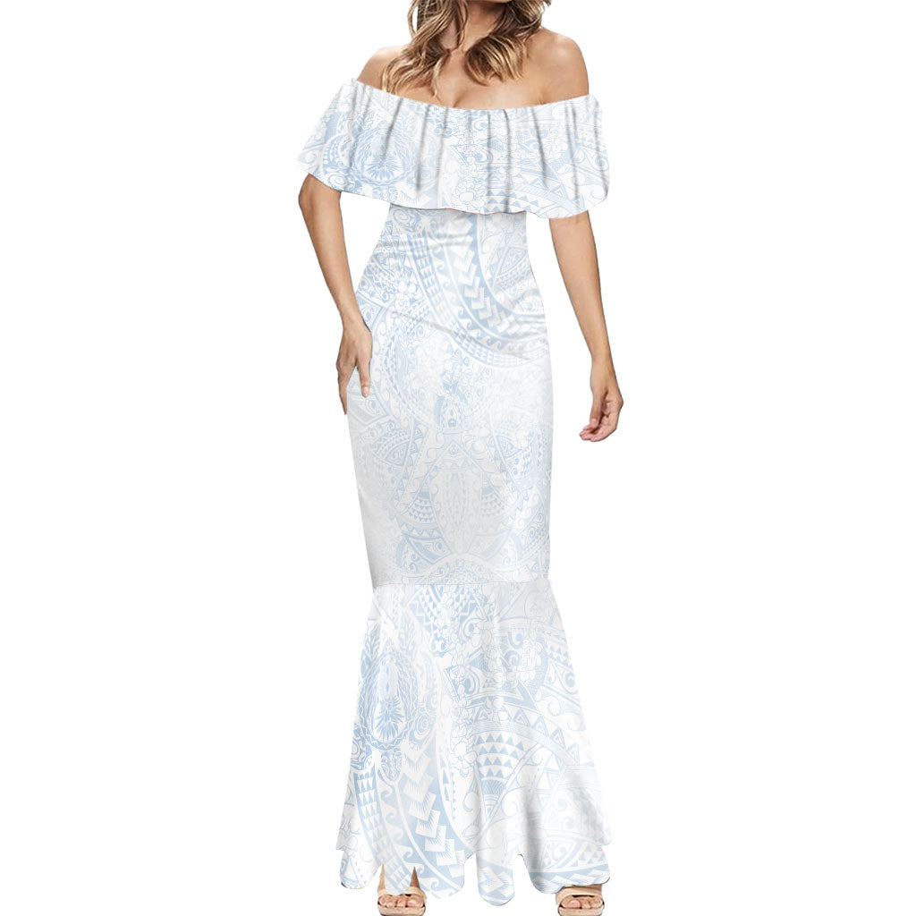 Hawaiian Turtles and Leis Mermaid Dress Tribal Kakau Pattern Airy White Blue Cloud Vibe