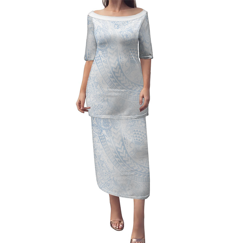 Hawaiian Turtles and Leis Puletasi Tribal Kakau Pattern Airy White Blue Cloud Vibe