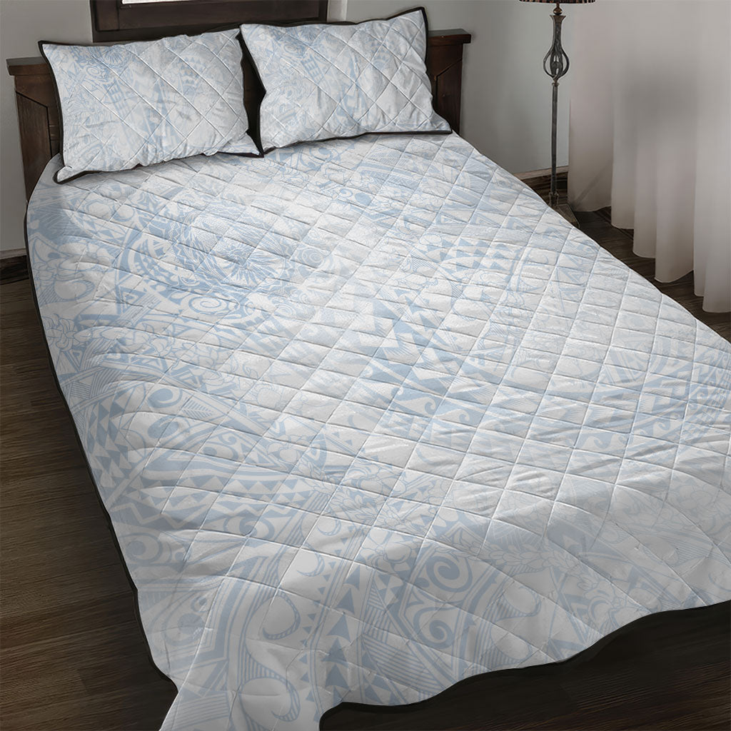 Hawaiian Turtles and Leis Quilt Bed Set Tribal Kakau Pattern Airy White Blue Cloud Vibe LT03 White - Polynesian Pride