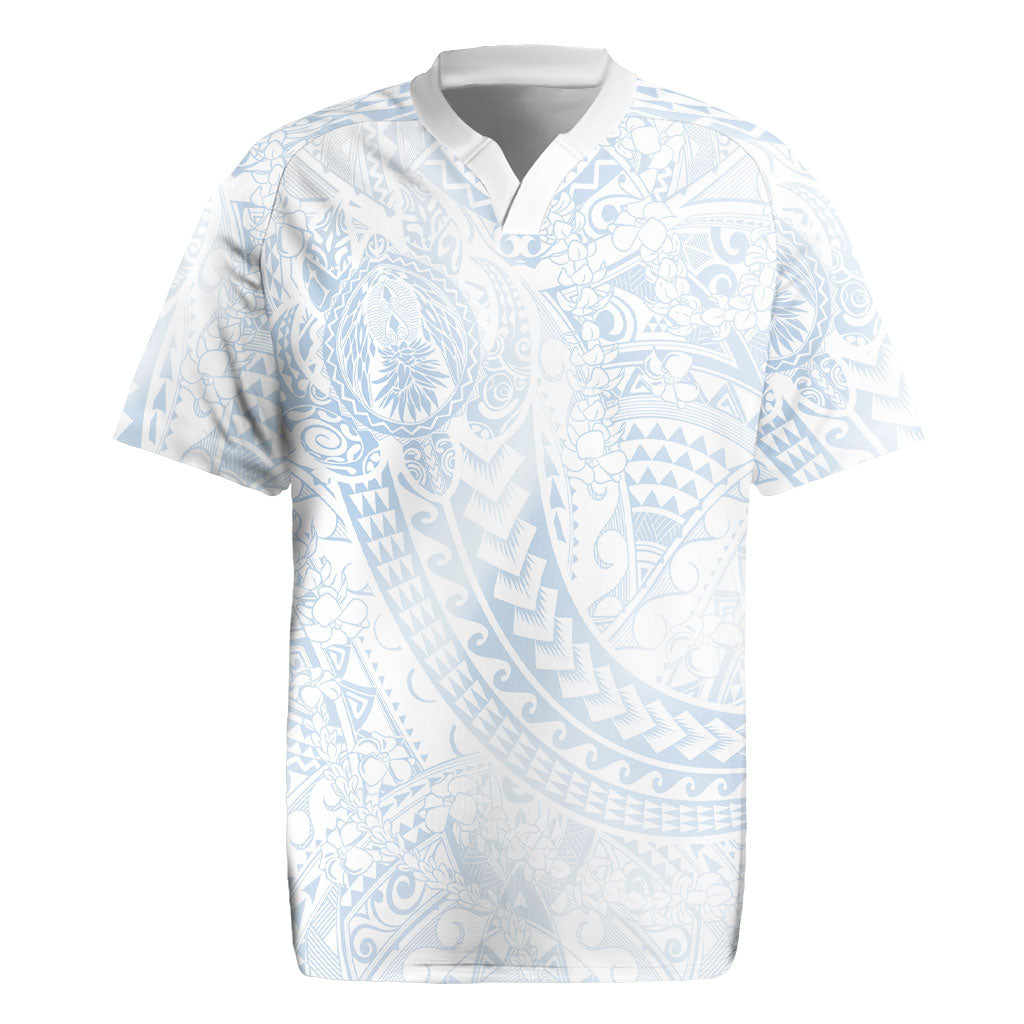 Hawaiian Turtles and Leis Rugby Jersey Tribal Kakau Pattern Airy White Blue Cloud Vibe LT03 White - Polynesian Pride