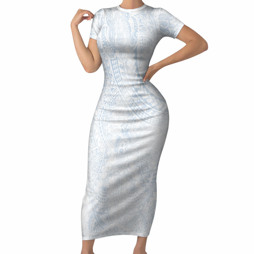 Hawaiian Turtles and Leis Short Sleeve Bodycon Dress Tribal Kakau Pattern Airy White Blue Cloud Vibe LT03 Long Dress White - Polynesian Pride