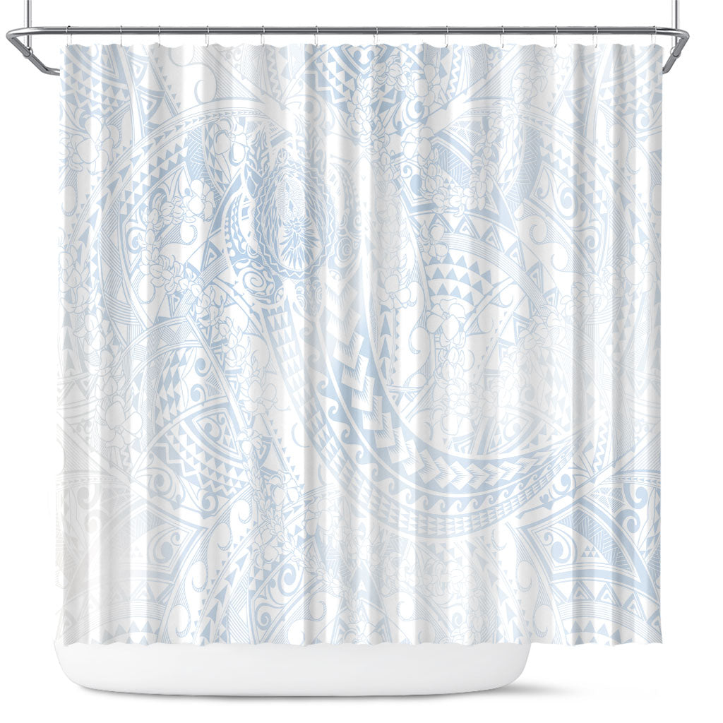 Hawaiian Turtles and Leis Shower Curtain Tribal Kakau Pattern Airy White Blue Cloud Vibe LT03 White - Polynesian Pride