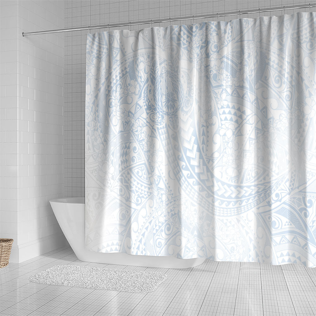 Hawaiian Turtles and Leis Shower Curtain Tribal Kakau Pattern Airy White Blue Cloud Vibe