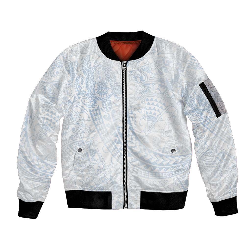 Hawaiian Turtles and Leis Sleeve Zip Bomber Jacket Tribal Kakau Pattern Airy White Blue Cloud Vibe LT03 Unisex White - Polynesian Pride