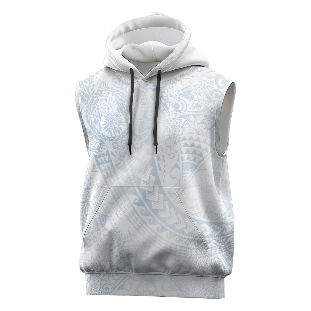 Hawaiian Turtles and Leis Sleeveless Hoodie Tribal Kakau Pattern Airy White Blue Cloud Vibe LT03 White - Polynesian Pride
