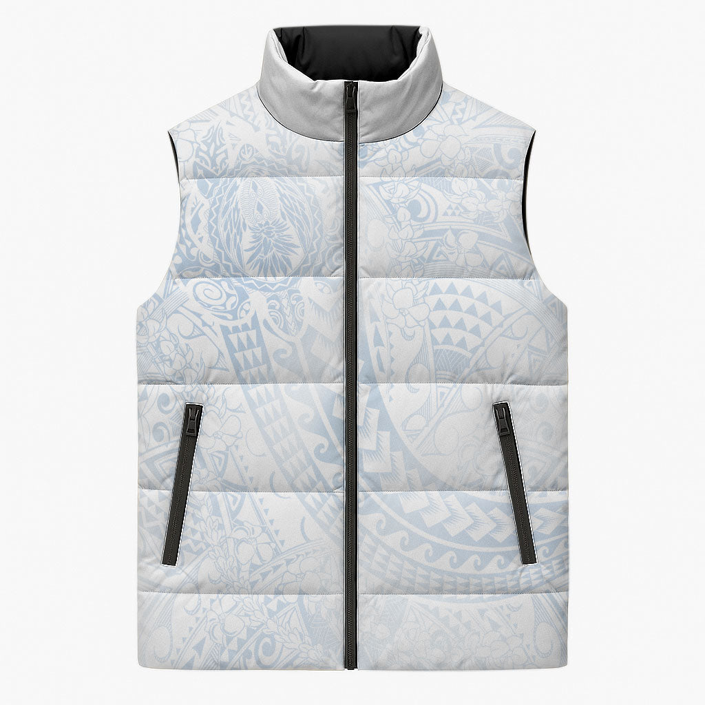 Hawaiian Turtles and Leis Sleeveless Puffer Jacket Tribal Kakau Pattern Airy White Blue Cloud Vibe LT03 Unisex White - Polynesian Pride