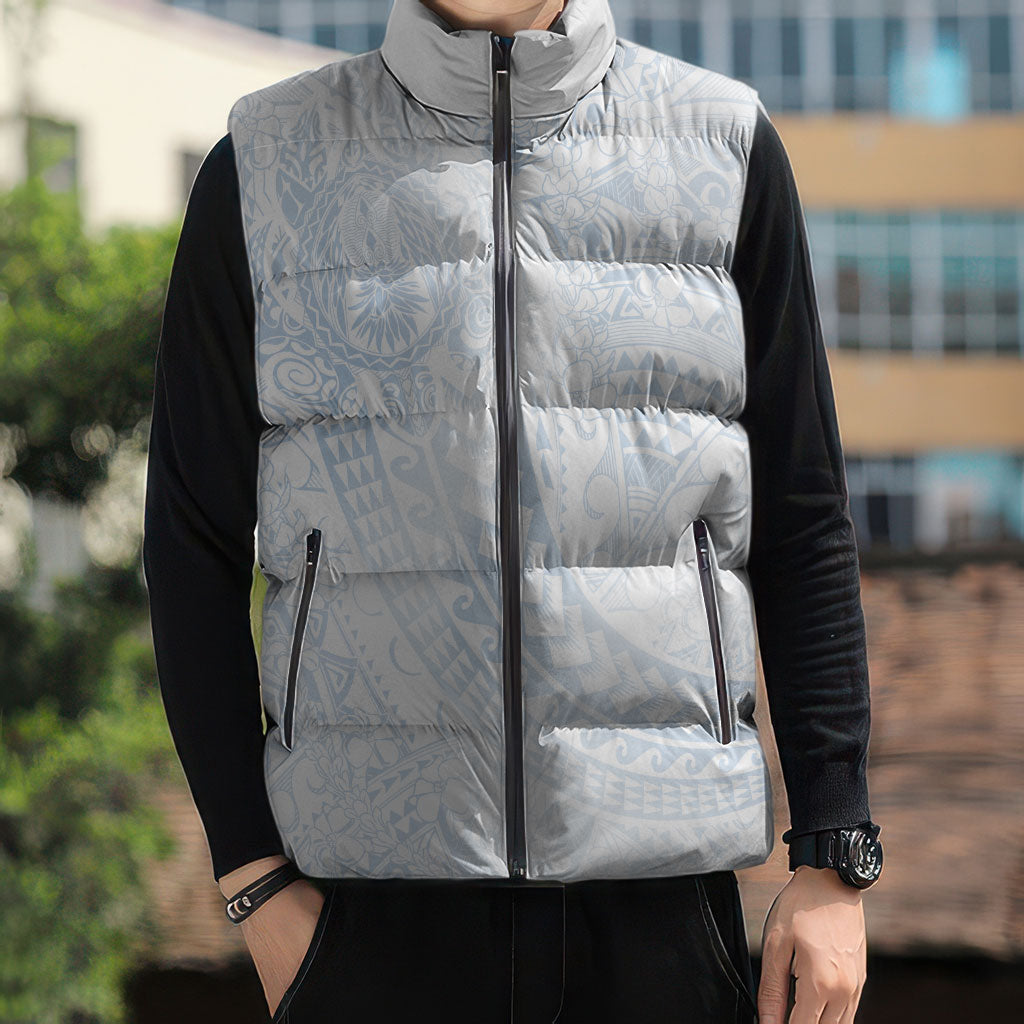 Hawaiian Turtles and Leis Sleeveless Puffer Jacket Tribal Kakau Pattern Airy White Blue Cloud Vibe