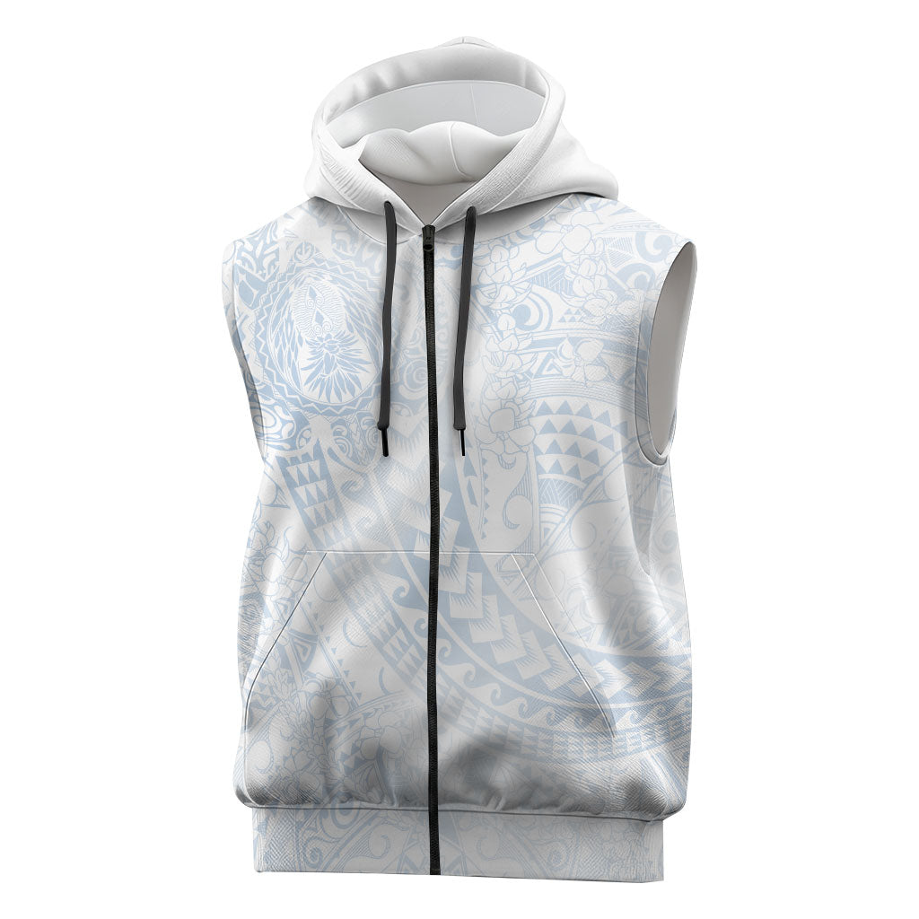 Hawaiian Turtles and Leis Sleeveless Zip Hoodie Tribal Kakau Pattern Airy White Blue Cloud Vibe LT03 White - Polynesian Pride