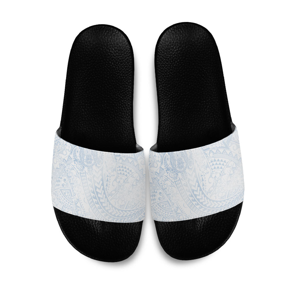 Hawaiian Turtles and Leis Slide Sandals Tribal Kakau Pattern Airy White Blue Cloud Vibe LT03 White - Polynesian Pride