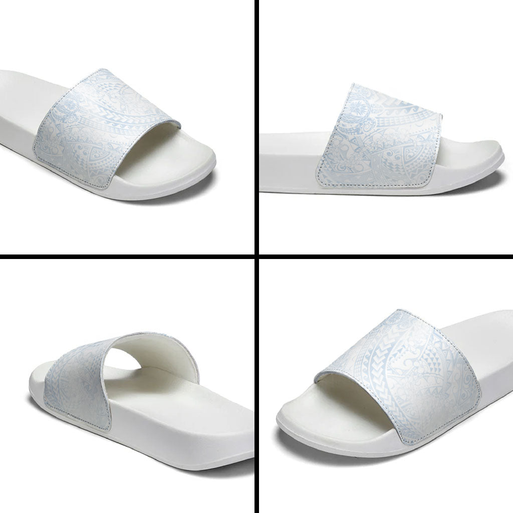 Hawaiian Turtles and Leis Slide Sandals Tribal Kakau Pattern Airy White Blue Cloud Vibe