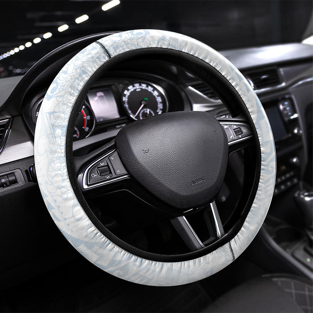 Hawaiian Turtles and Leis Steering Wheel Cover Tribal Kakau Pattern Airy White Blue Cloud Vibe LT03 Universal Fit White - Polynesian Pride
