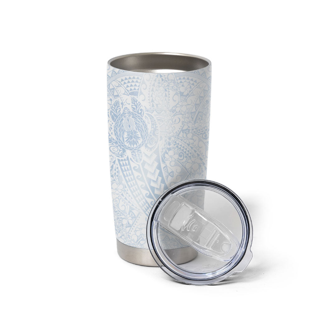 Hawaiian Turtles and Leis Tumbler Cup Tribal Kakau Pattern Airy White Blue Cloud Vibe
