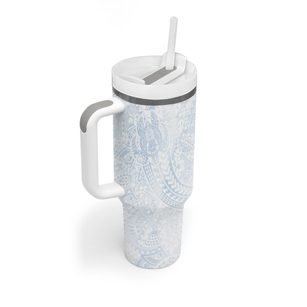 Hawaiian Turtles and Leis Tumbler With Handle Tribal Kakau Pattern Airy White Blue Cloud Vibe LT03 - Polynesian Pride
