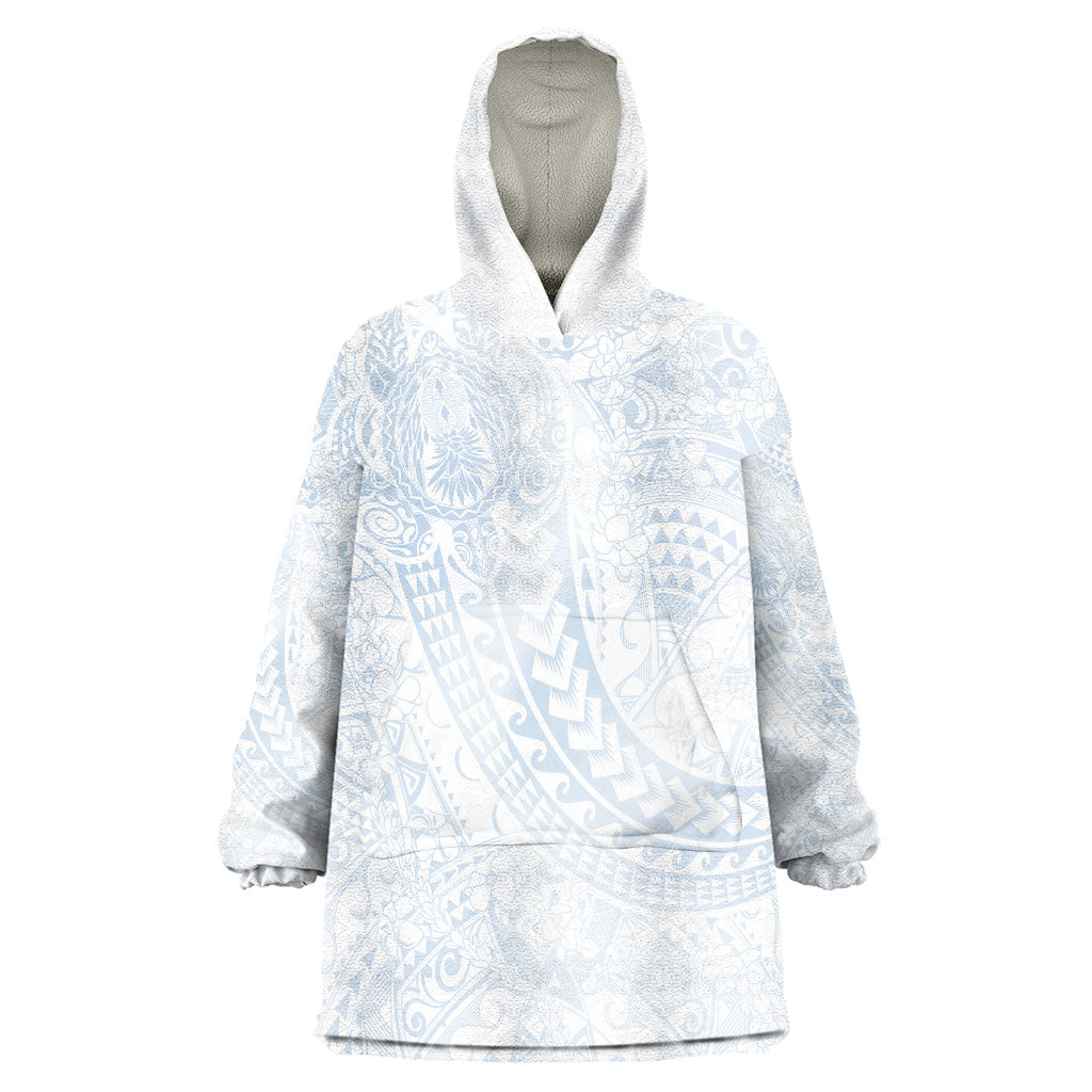 Hawaiian Turtles and Leis Wearable Blanket Hoodie Tribal Kakau Pattern Airy White Blue Cloud Vibe LT03 One Size White - Polynesian Pride