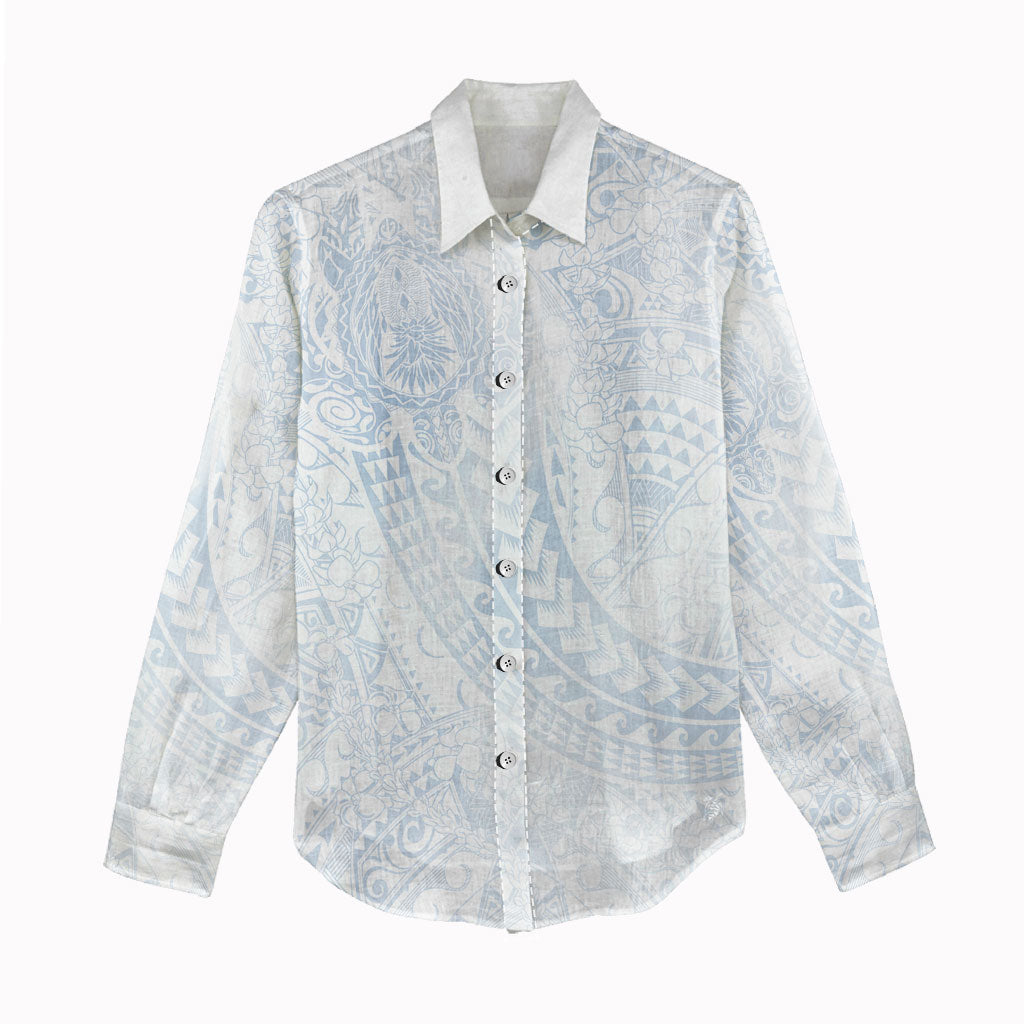 Hawaiian Turtles and Leis Women Casual Shirt Tribal Kakau Pattern Airy White Blue Cloud Vibe